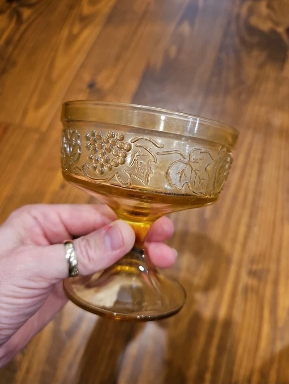 VTG Indiana Carnival Glass Sherbet Dish Amber Grapes Harvest Colony
